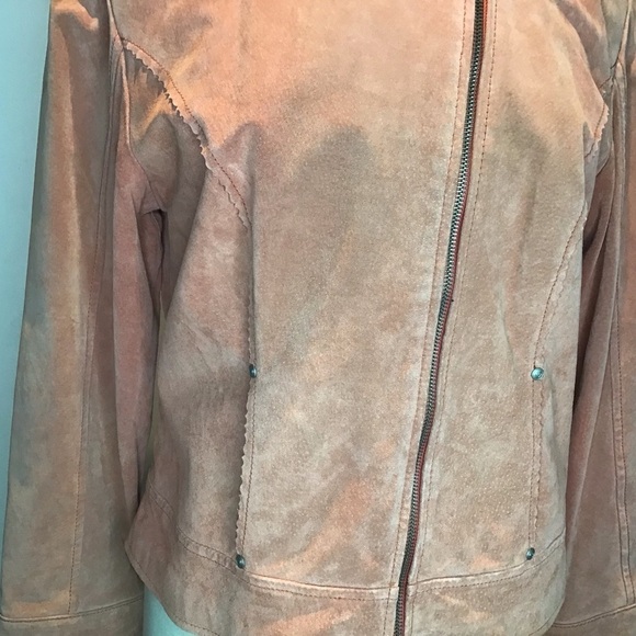 Vintage Y2K apricot suede moto style angled zipper lined scallop edge jacket L - Picture 5 of 14
